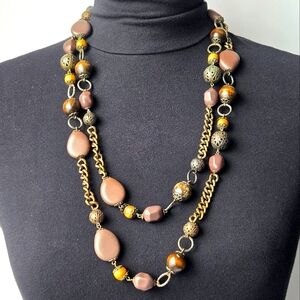 56" Beaded Necklace, Mixed Beads in Metal, Wood, Neutrals & Antiqued Golds Boho